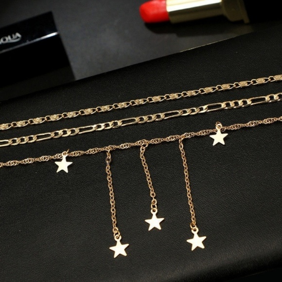 Dangling Star Layered Choker Gold Bib Necklace - Picture 3 of 7